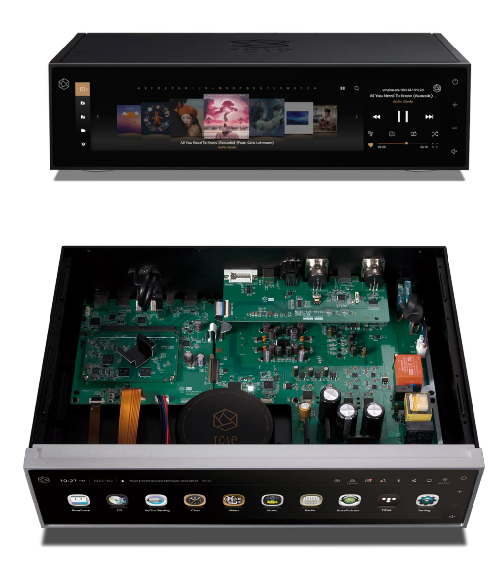 The front and back of a stereo amplifier