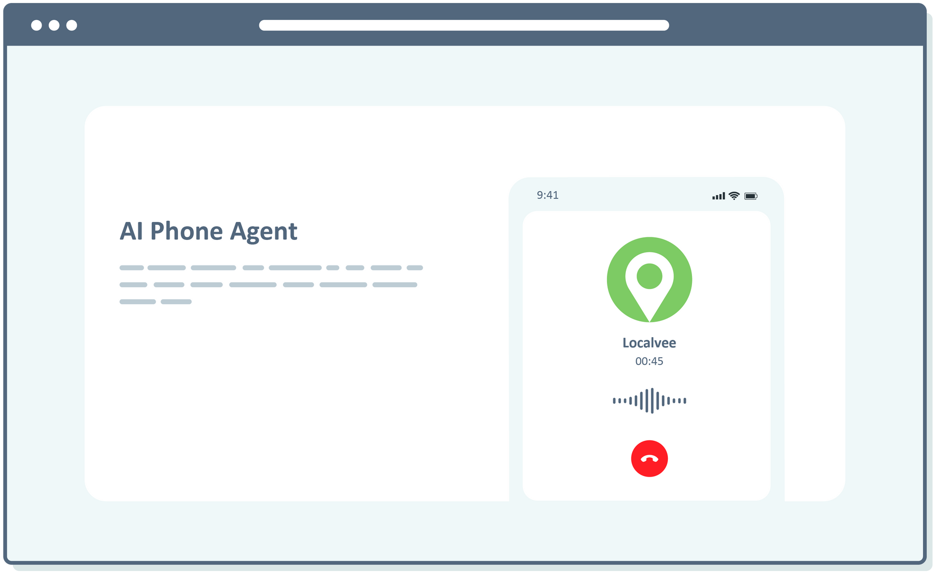 AI Phone Agent interface, with a mobile screen displaying a call in progress.