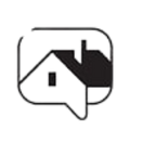 Black and white speech bubble with a house silhouette inside, suggesting real estate conversation.