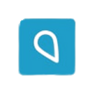 White teardrop-shaped logo on a turquoise square background.