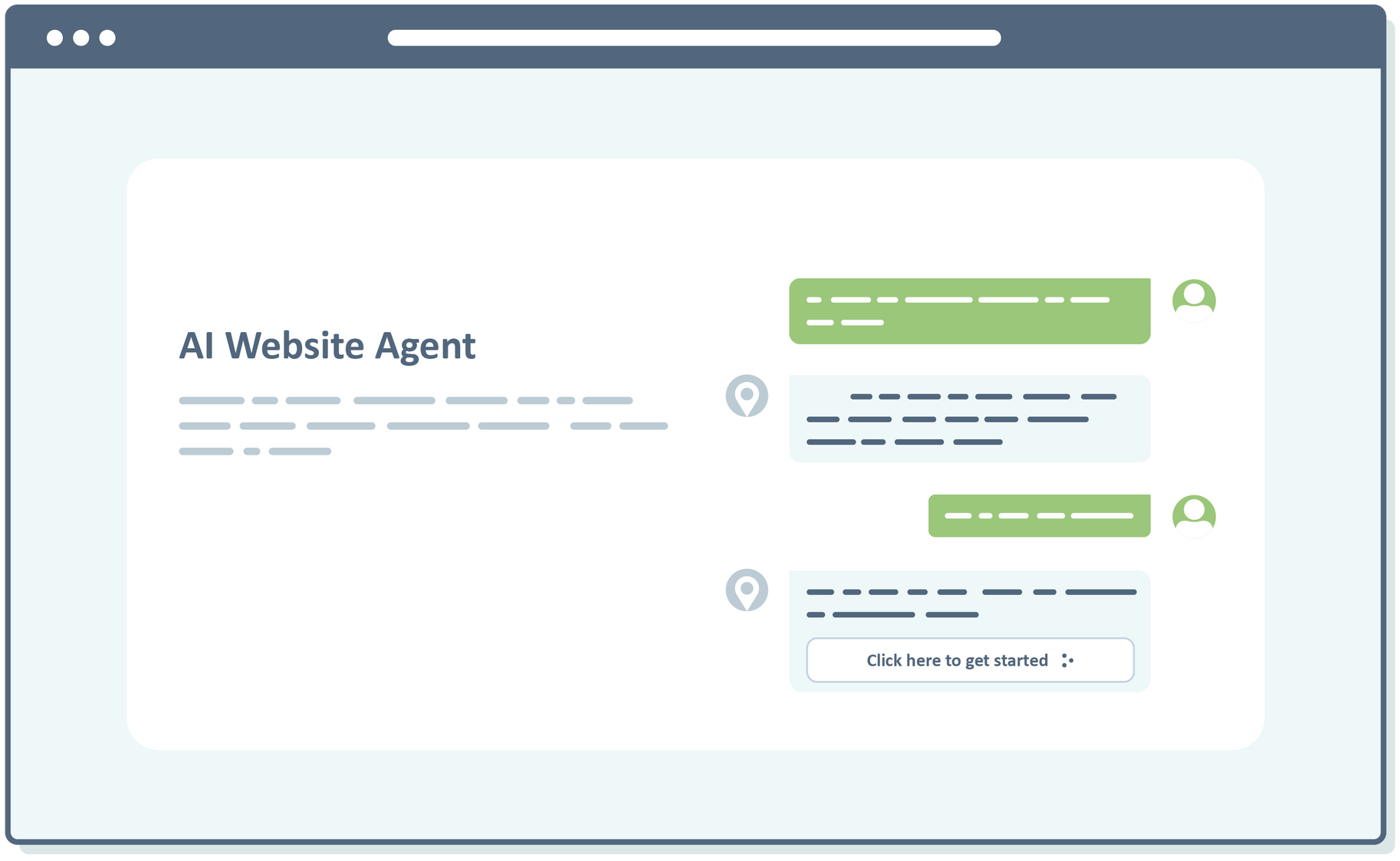 AI website agent chat interface, green chat bubbles, and agent responses on light blue background.