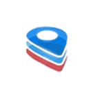 Stacked, layered location markers: blue, light blue, and red.