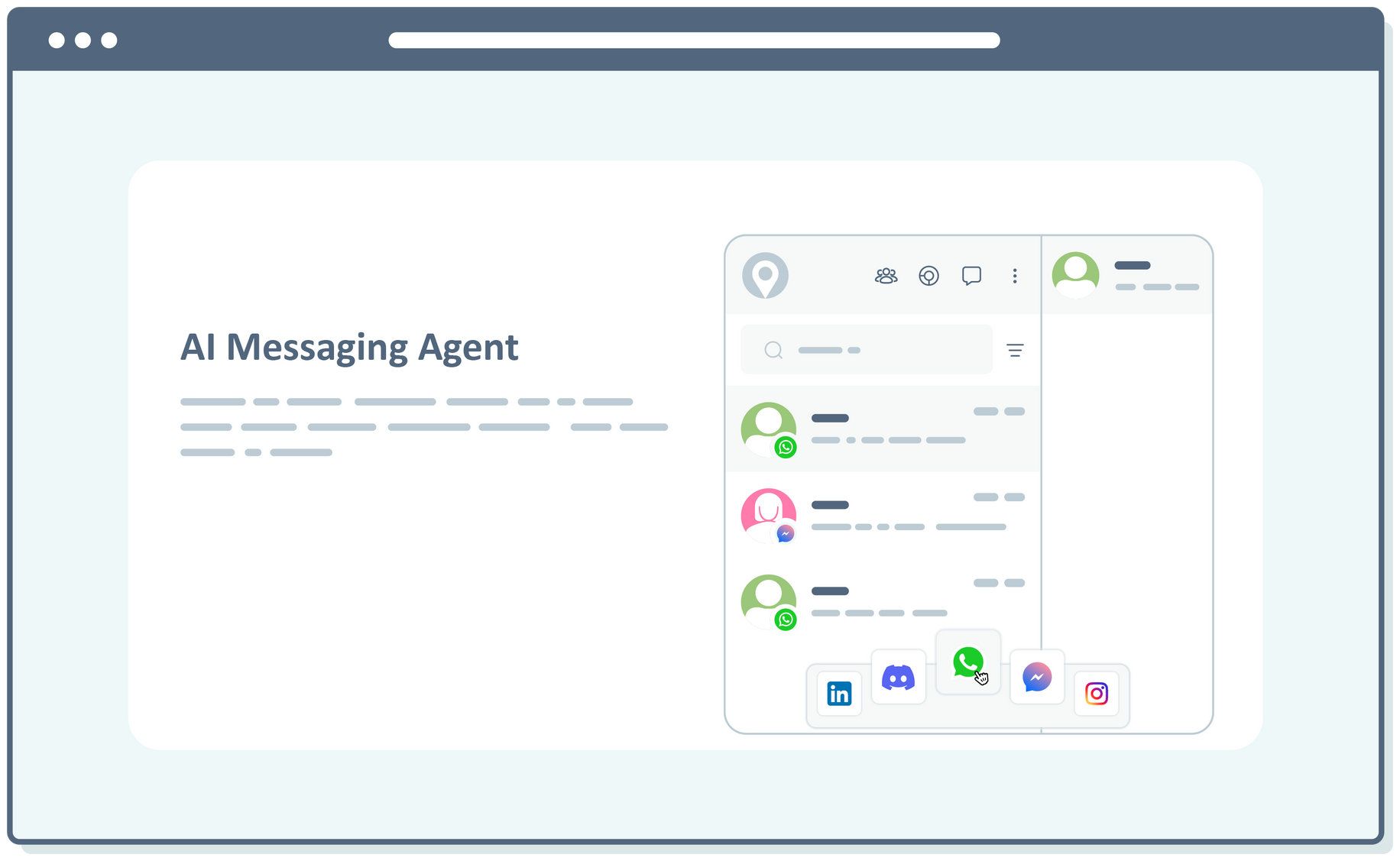 AI messaging agent interface on a website mockup showing contact list and chat window.