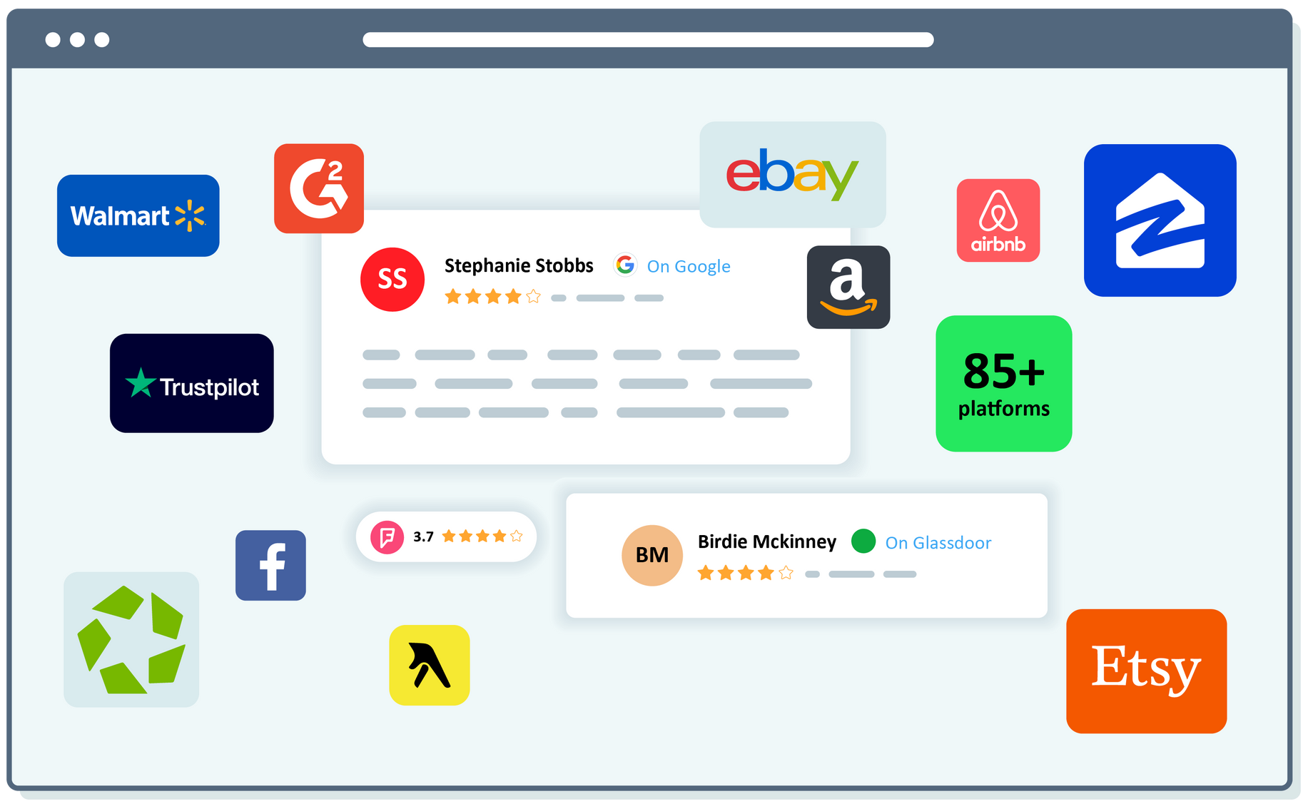 Webpage featuring logos of major online platforms and customer reviews.