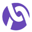 Purple circular logo with three interlocking swooshes.