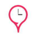 Pink location pin with clock icon, indicating time-related location.