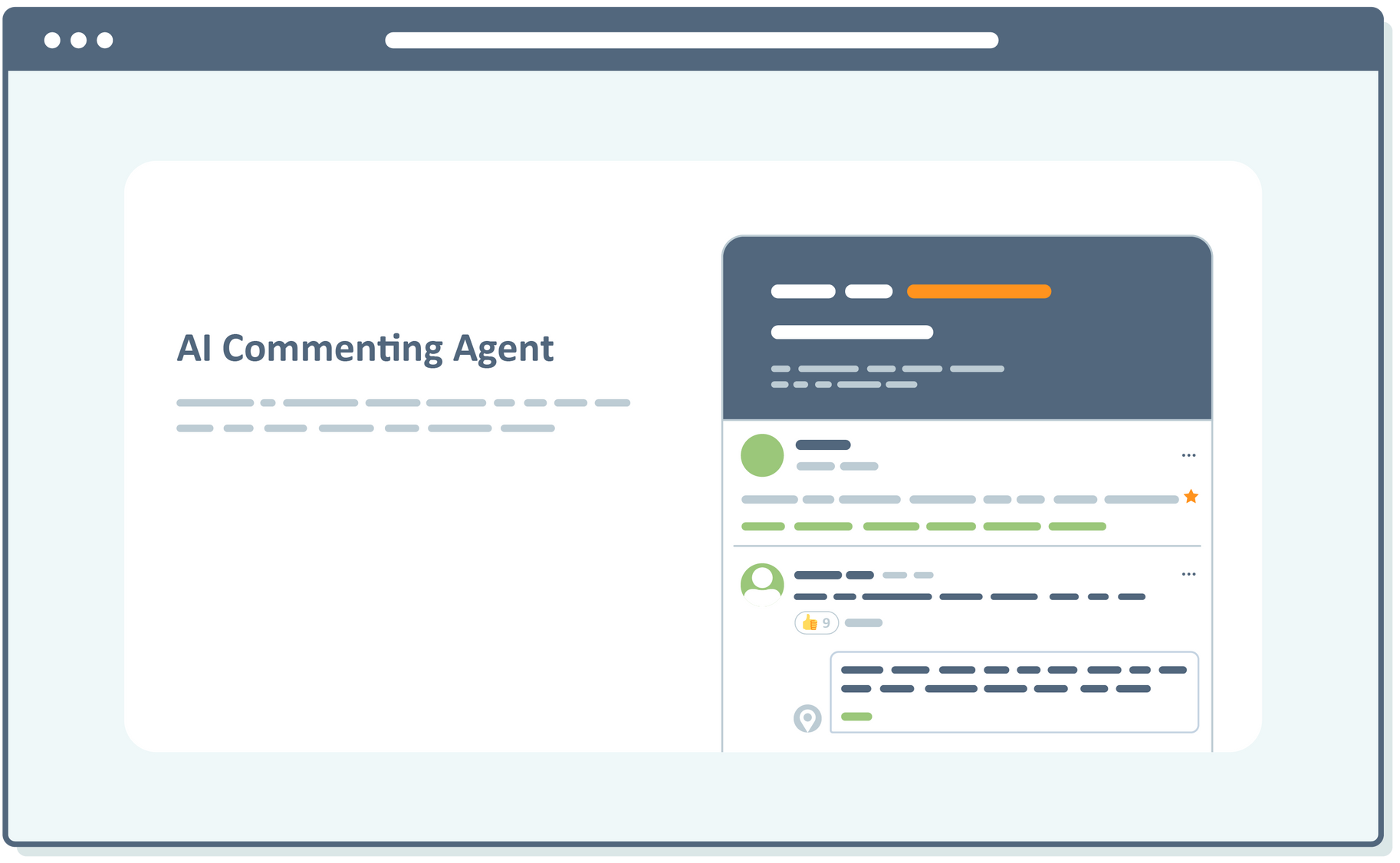 Webpage showcasing AI commenting agent, with UI elements and example comments.