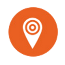 White location pin icon with concentric circles on an orange background.