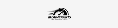 Logo for Rush My Prints: a tire with speed lines and text 