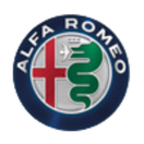 Alfa Romeo logo: red cross and green serpent within a circular blue emblem.