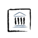 Bank building icon within a square, sketched in black and blue.
