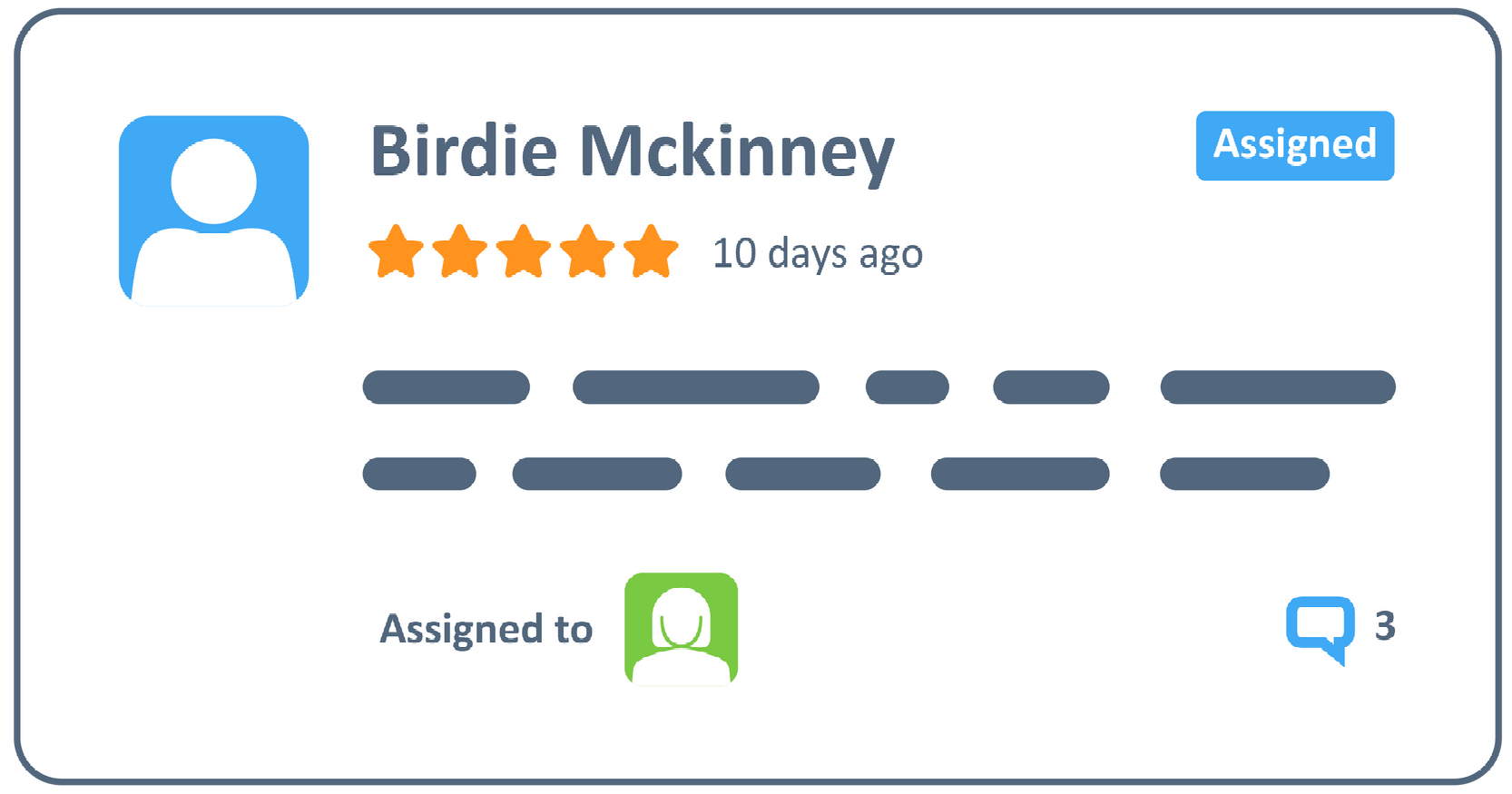 Card with a person's name, assigned status, star rating, and details. Assigned to another person.