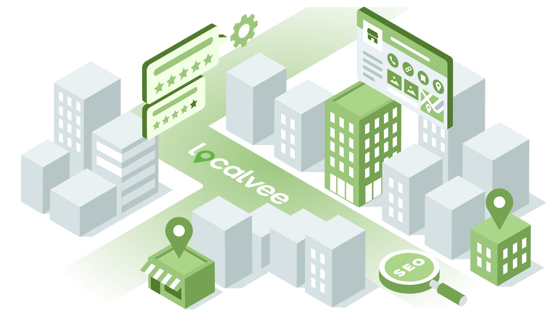 Localvee isometric city scene, green and white, with buildings, map pins, and SEO search magnifying glass.