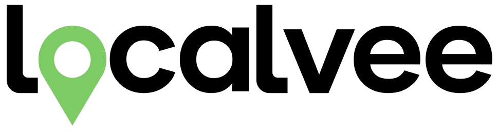 Localvee logo with a green location pin icon replacing the 