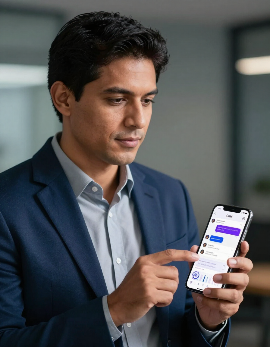 Emprendedor usando CRM conversacional desde el móvil