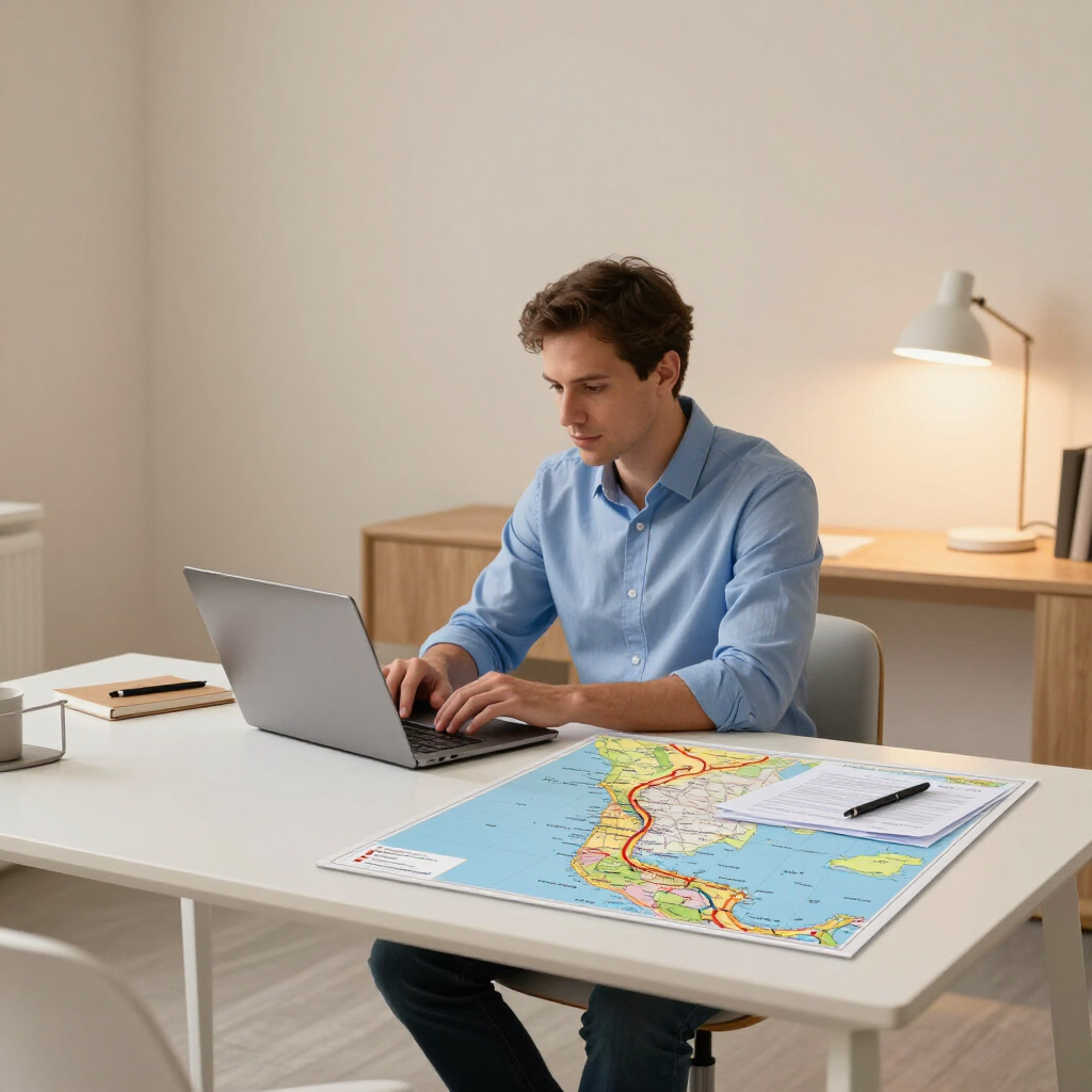 Emprendedor planificando una agencia de viajes en Chile con herramientas digitales.