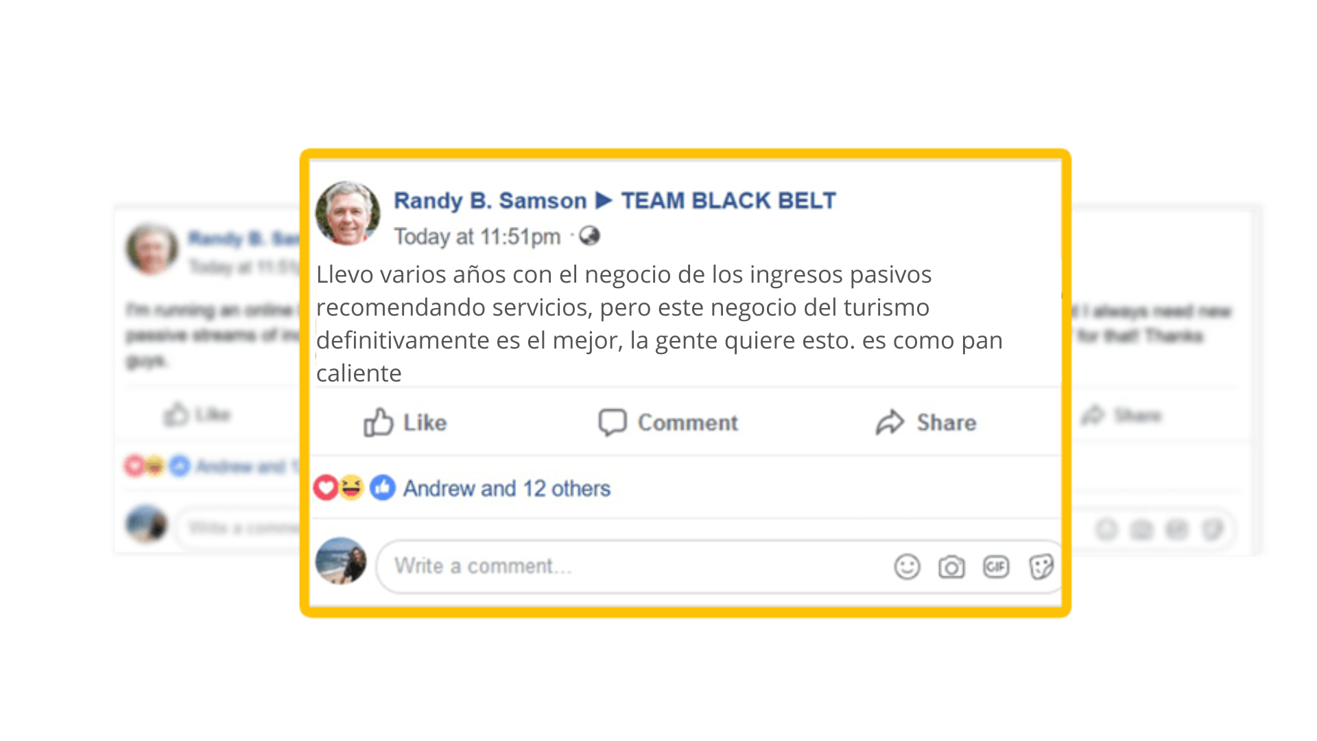 Una captura de pantalla de una página de Facebook con un borde amarillo.