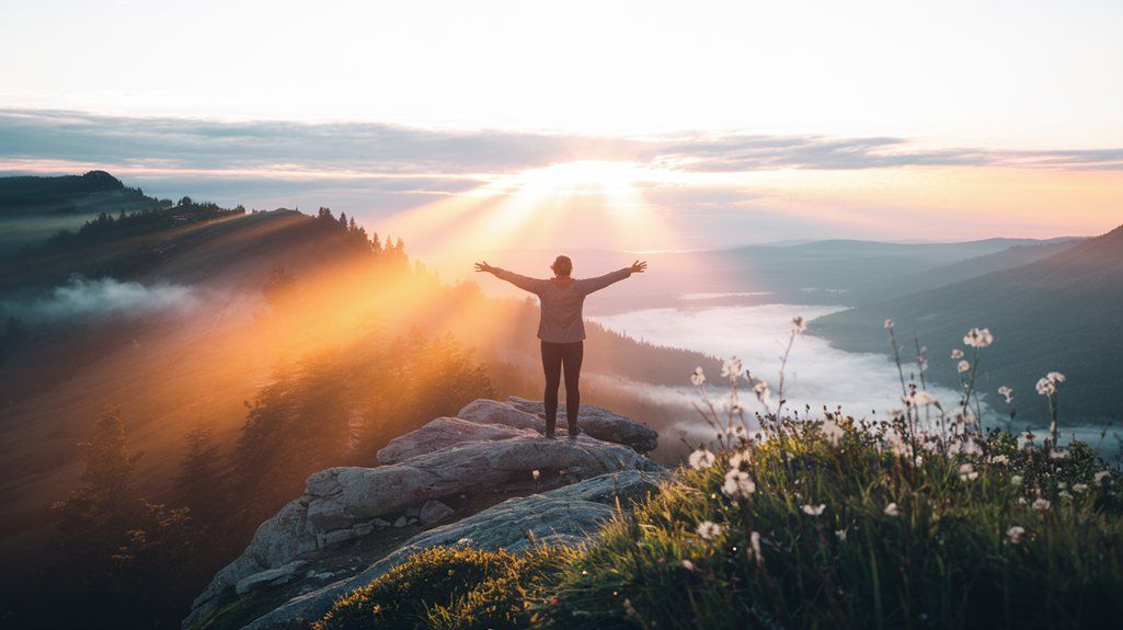 Person standing on a rocky cliff at sunrise with arms raised, overlooking a misty valley and river