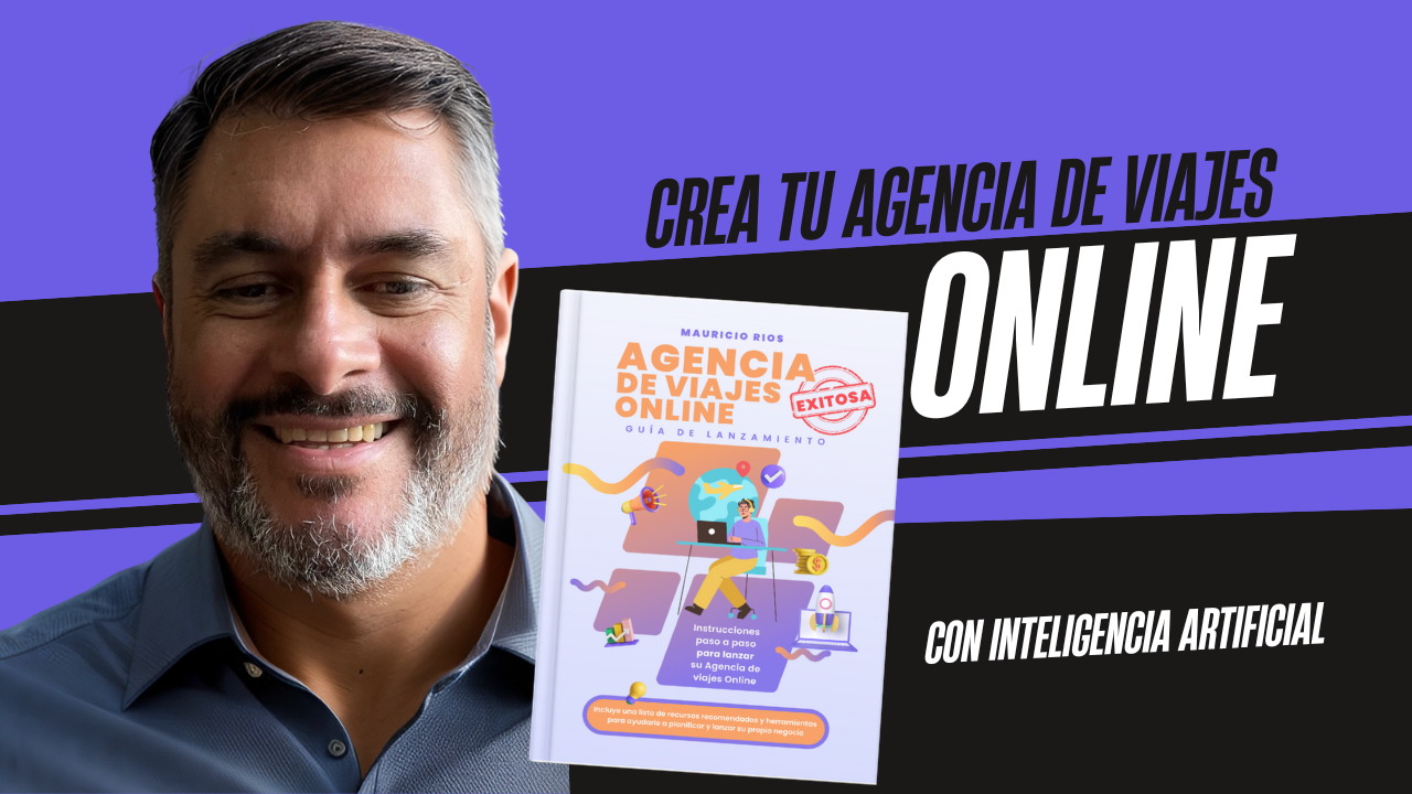 A man holding a book that says ' crea tu agencia de viajes online ' on it