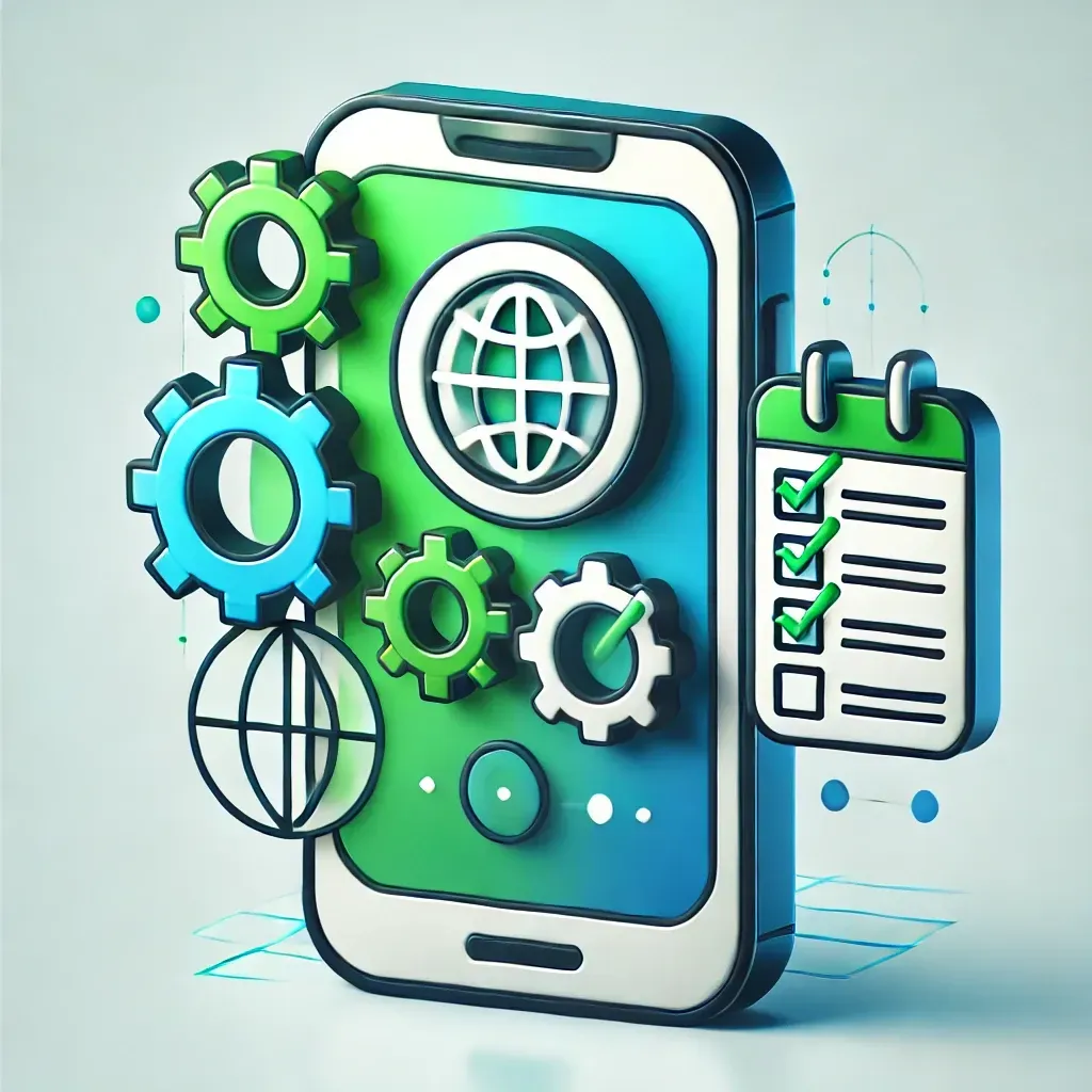 Una ilustración 3D de un teléfono inteligente con engranajes y un calendario.