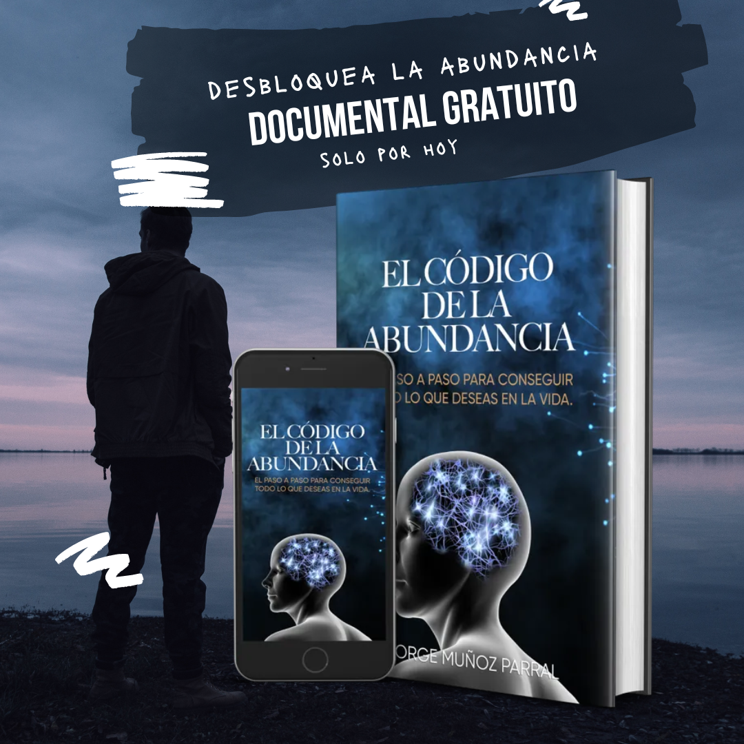 Un hombre parado frente al futuro con un libro del código de la abundancia