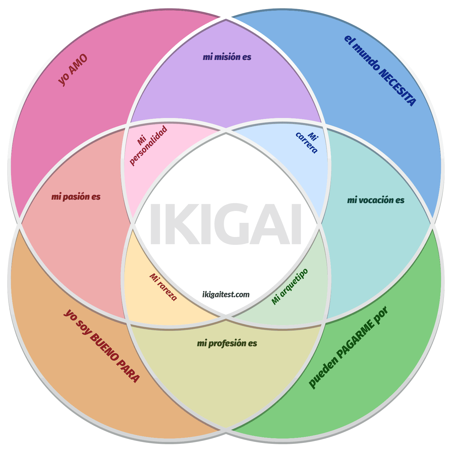 Un diagrama con la palabra ikigai en el centro.