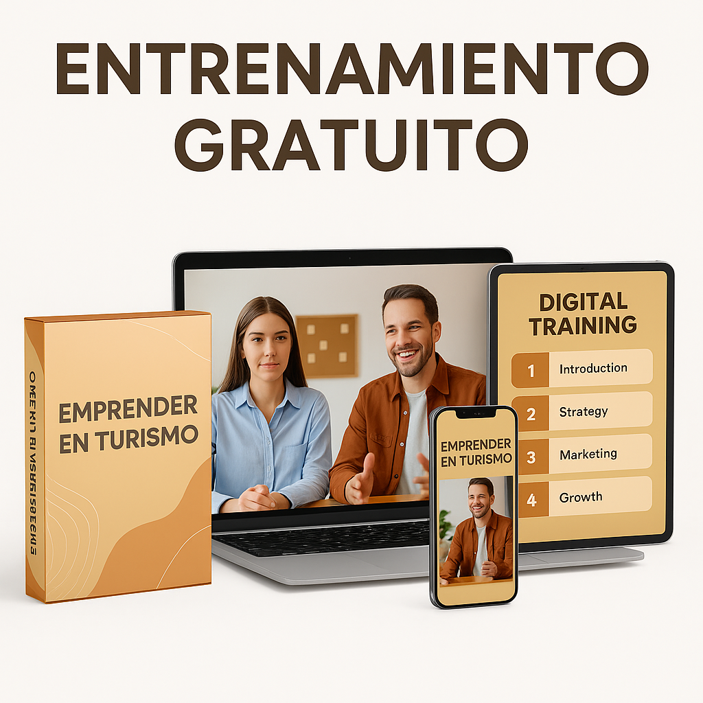 Free online training promotion: laptop with smiling couple, a box, tablet, and phone.