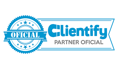 Un logotipo para una empresa llamada Clientify que es un socio oficial.
