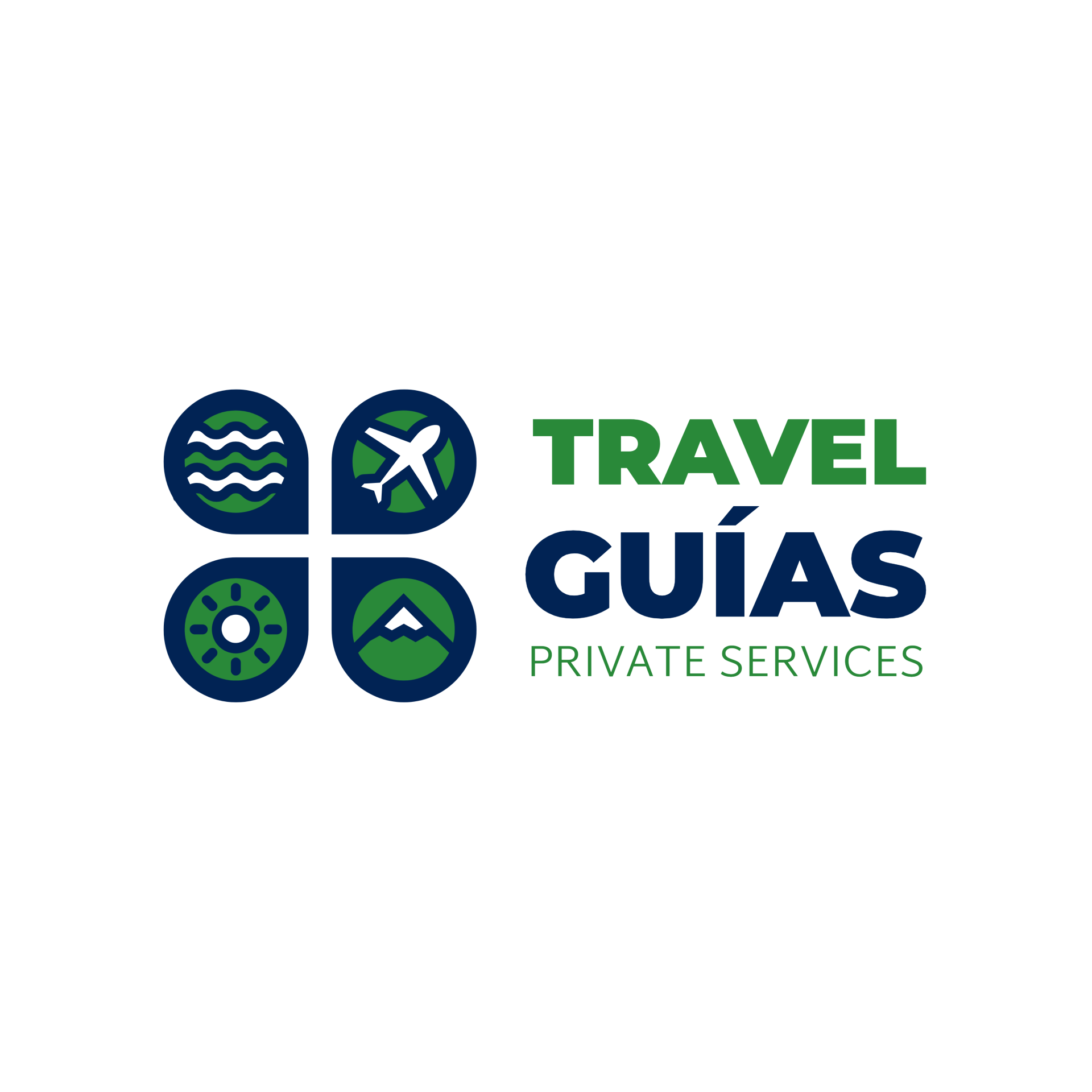 Es un logotipo para una empresa de viajes llamada Travel Guides.