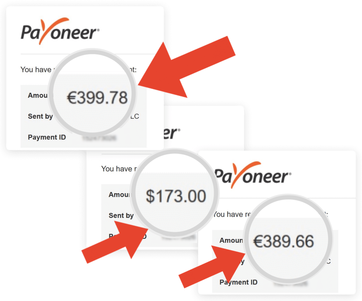 Una página de payoneer muestra un pago de $ 173.00