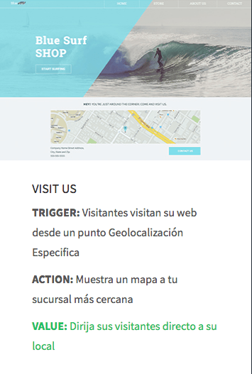 Una captura de pantalla de un sitio web para una tienda de surf azul