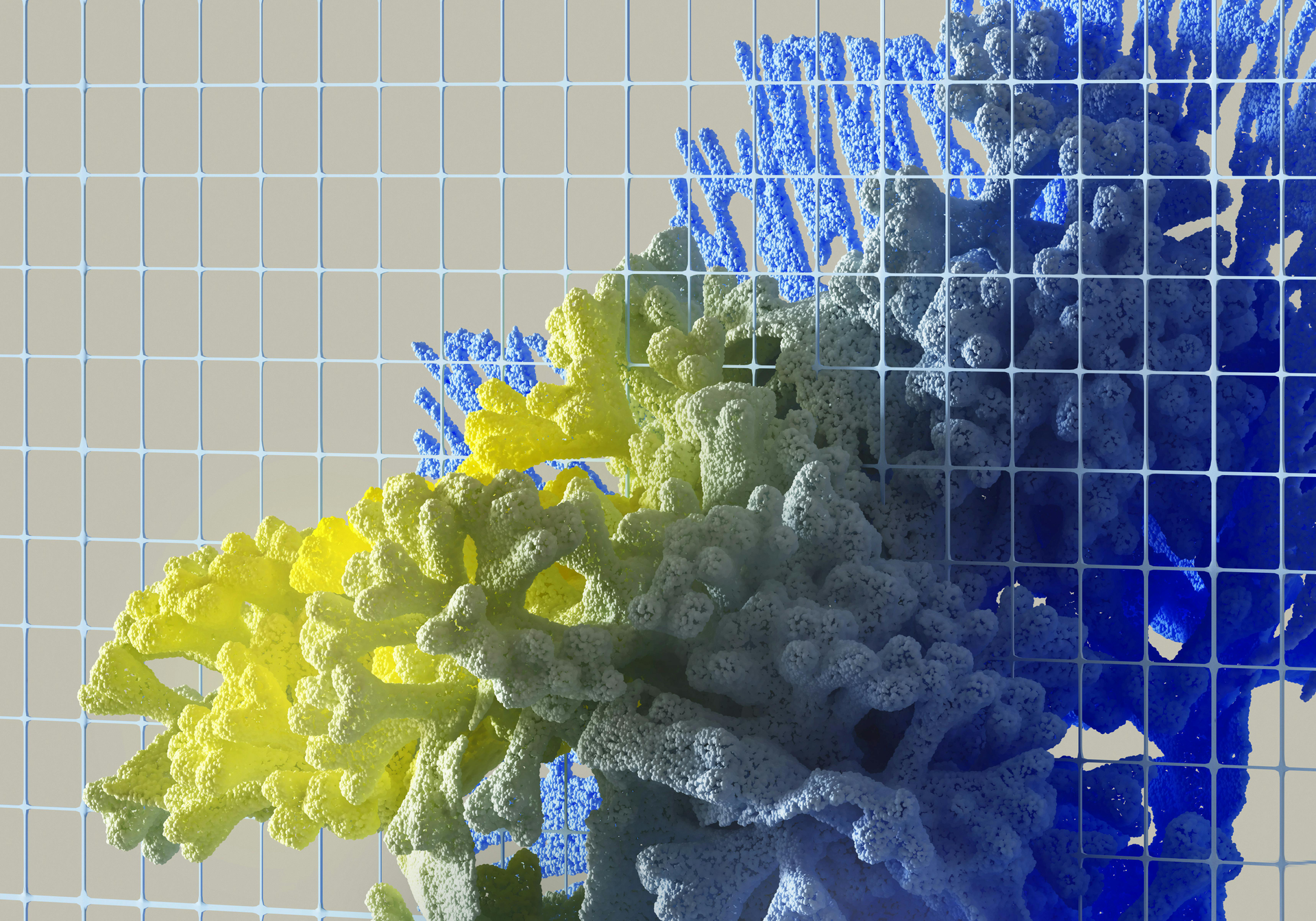 Una imagen generada por computadora de un arrecife de coral amarillo y azul.