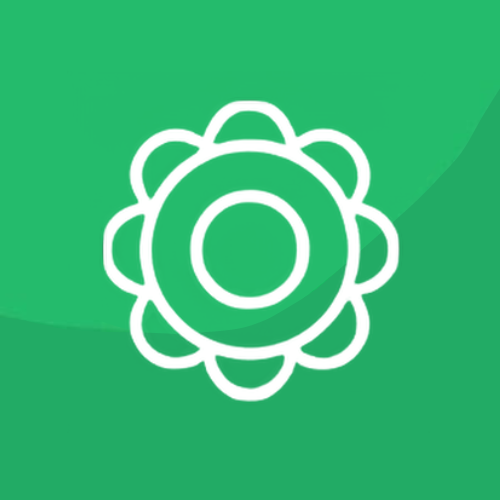 A white flower icon on a green background.