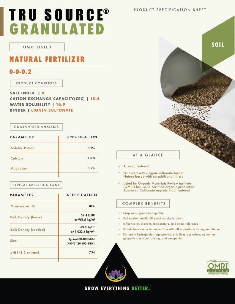 A flyer for tru source granulated natural fertilizer.