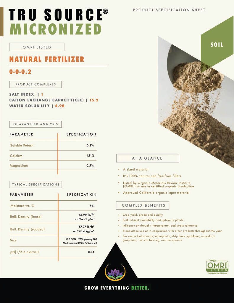 A brochure for tru source micronized natural fertilizer.