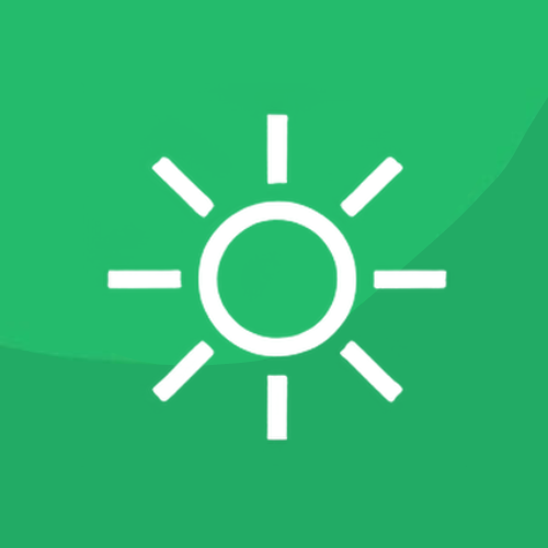 A white sun icon on a green background.