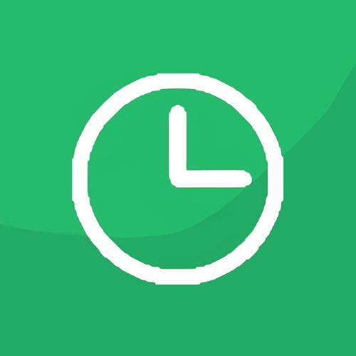 A white clock in a circle on a green background.