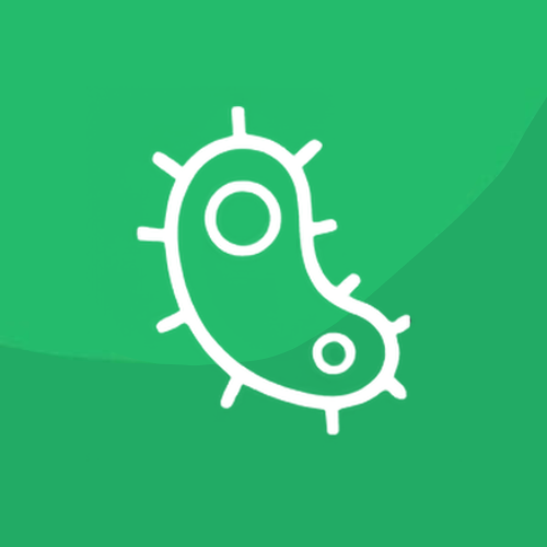 A white icon of a bacteria on a green background.