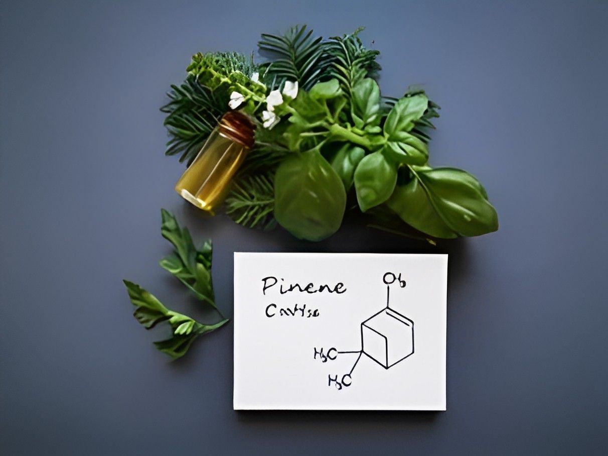 The chemical structure of pinene is shown on a piece of paper