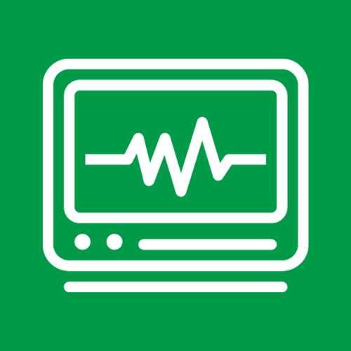 An icon of a monitor with a heartbeat on it on a green background.