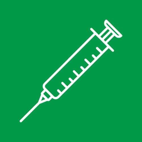 A white line icon of a syringe on a green background.