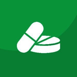 A white icon of two pills on a green background.