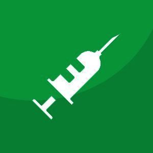 A white syringe with a needle on a green background.