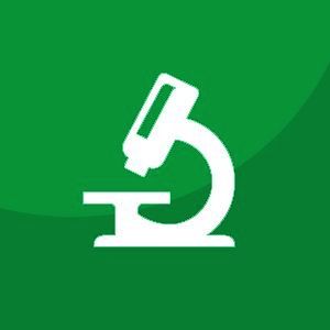 A white microscope icon on a green background.