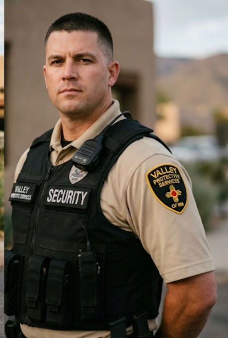 Security guard in tan uniform and black vest, standing outdoors with mountains in the background