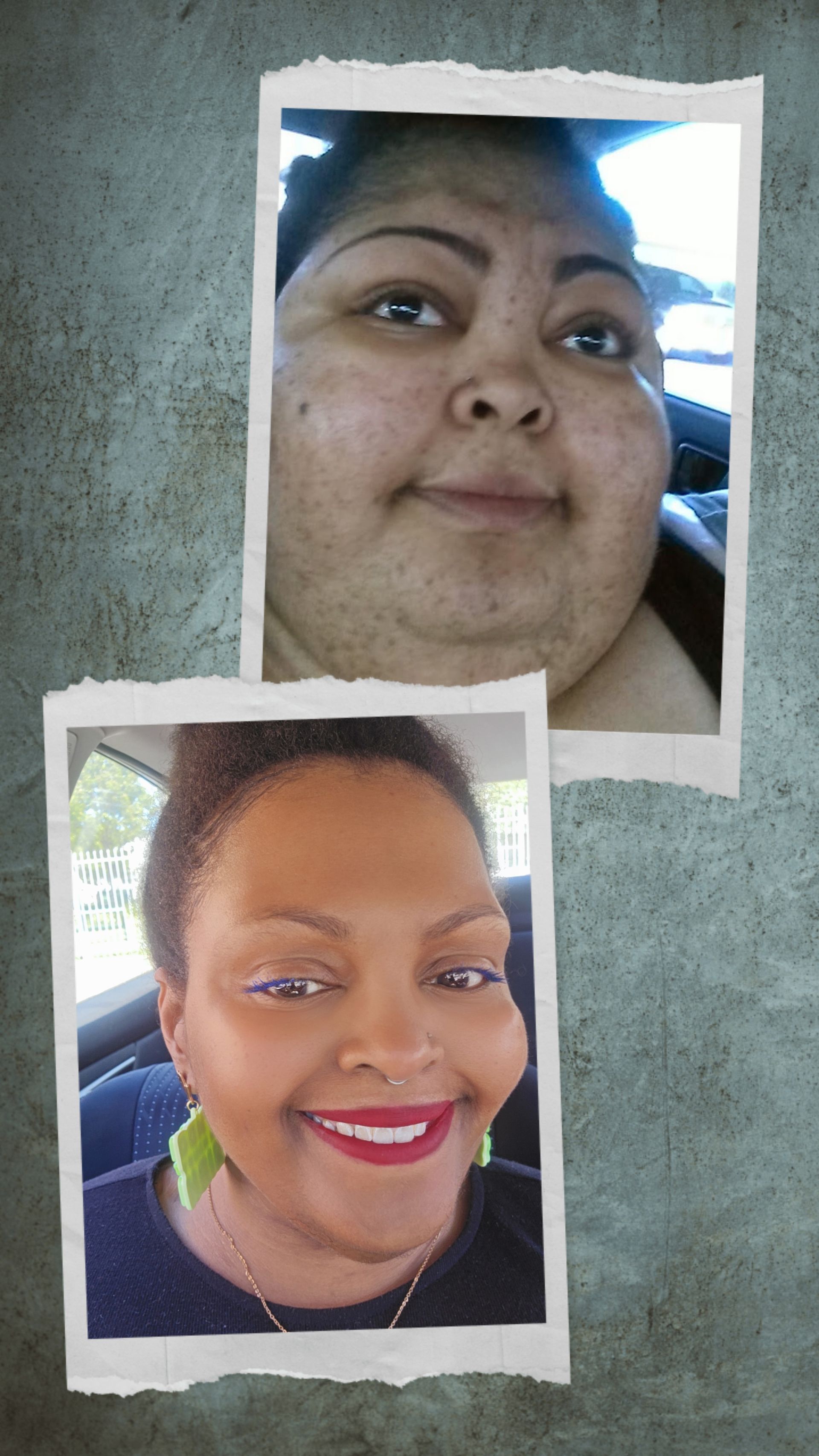 Two stacked portrait photos of the same person: one close-up selfie above, one smiling with red lipstick below.