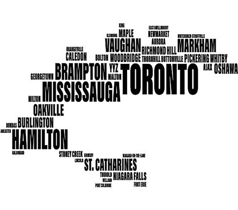 Word cloud of cities in Southern Ontario, including Toronto, Mississauga, and Hamilton.