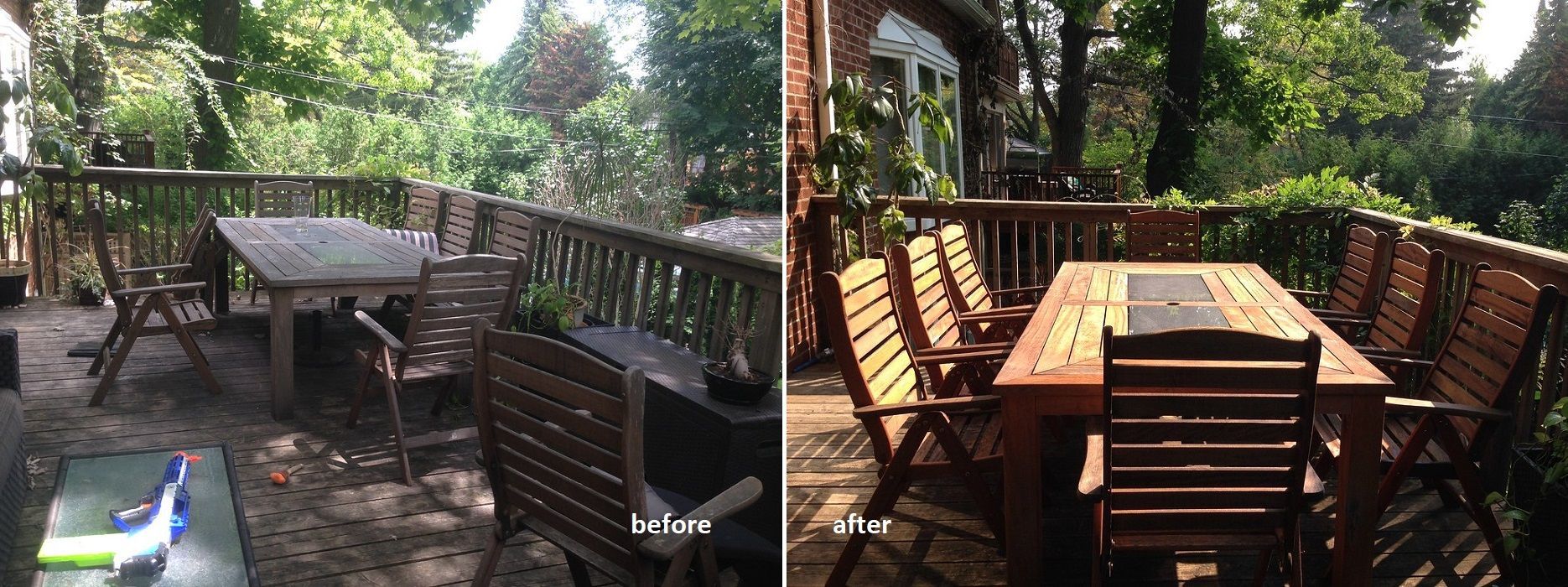 A before-and-after shot of a wooden patio with furniture. The 