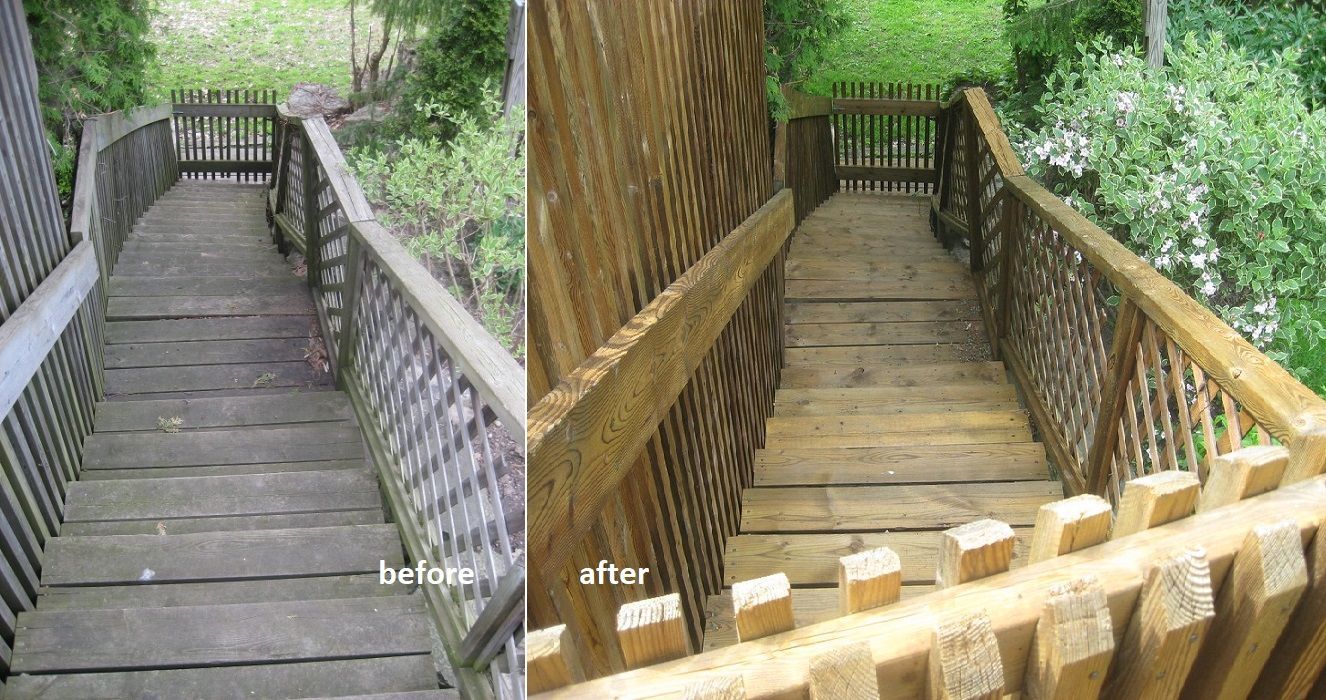 Wooden staircase, before and after cleaning. Shows the staircase dirty and then clean.