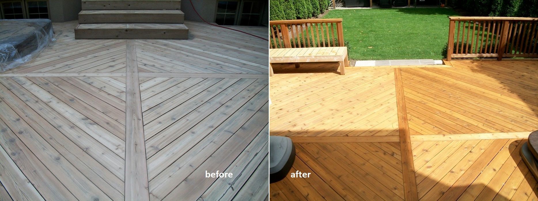 Two wooden decks side-by-side, one gray, the other stained light brown, with a grass lawn in the background.